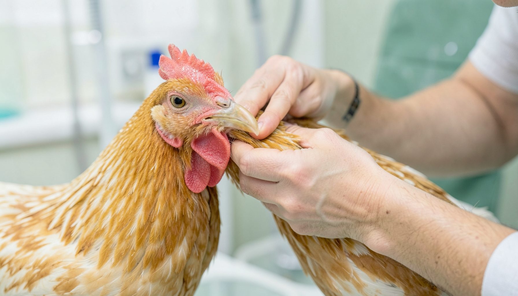 A caregiver's hands gently examining a chicken's throat area, set against a clean, softly lit veterinary-style backdrop