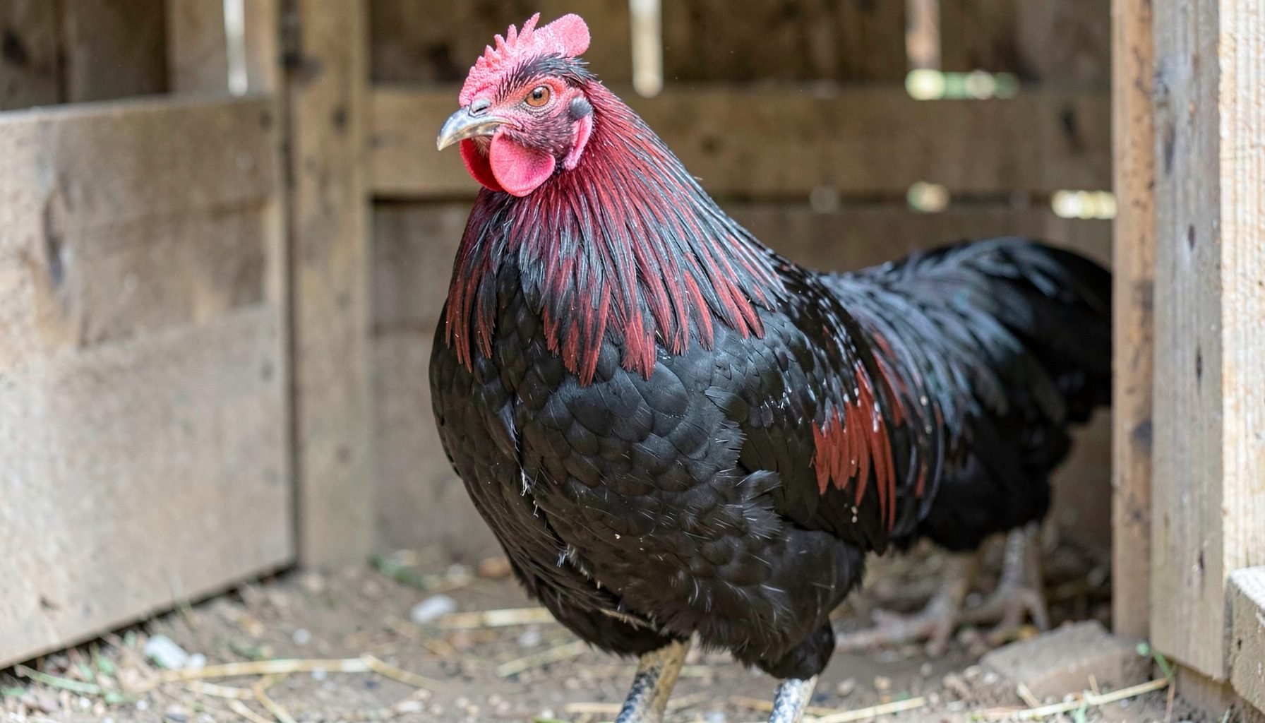 A close-up of a sleek, muscular gamefowl with glossy black-and-red feathers standing alert in a rustic wooden coop, natural light filtering through slats