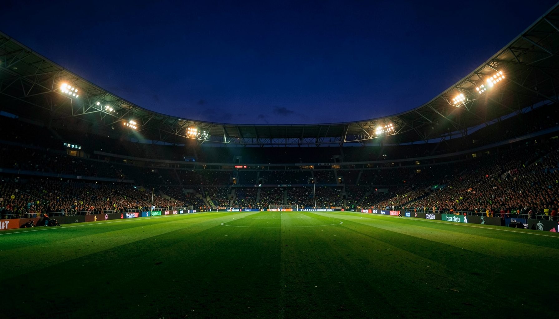 A dramatic sports arena at dusk with deep navy and emerald tones, stadium lights casting a warm glow across the field, conveying the energy of live competition