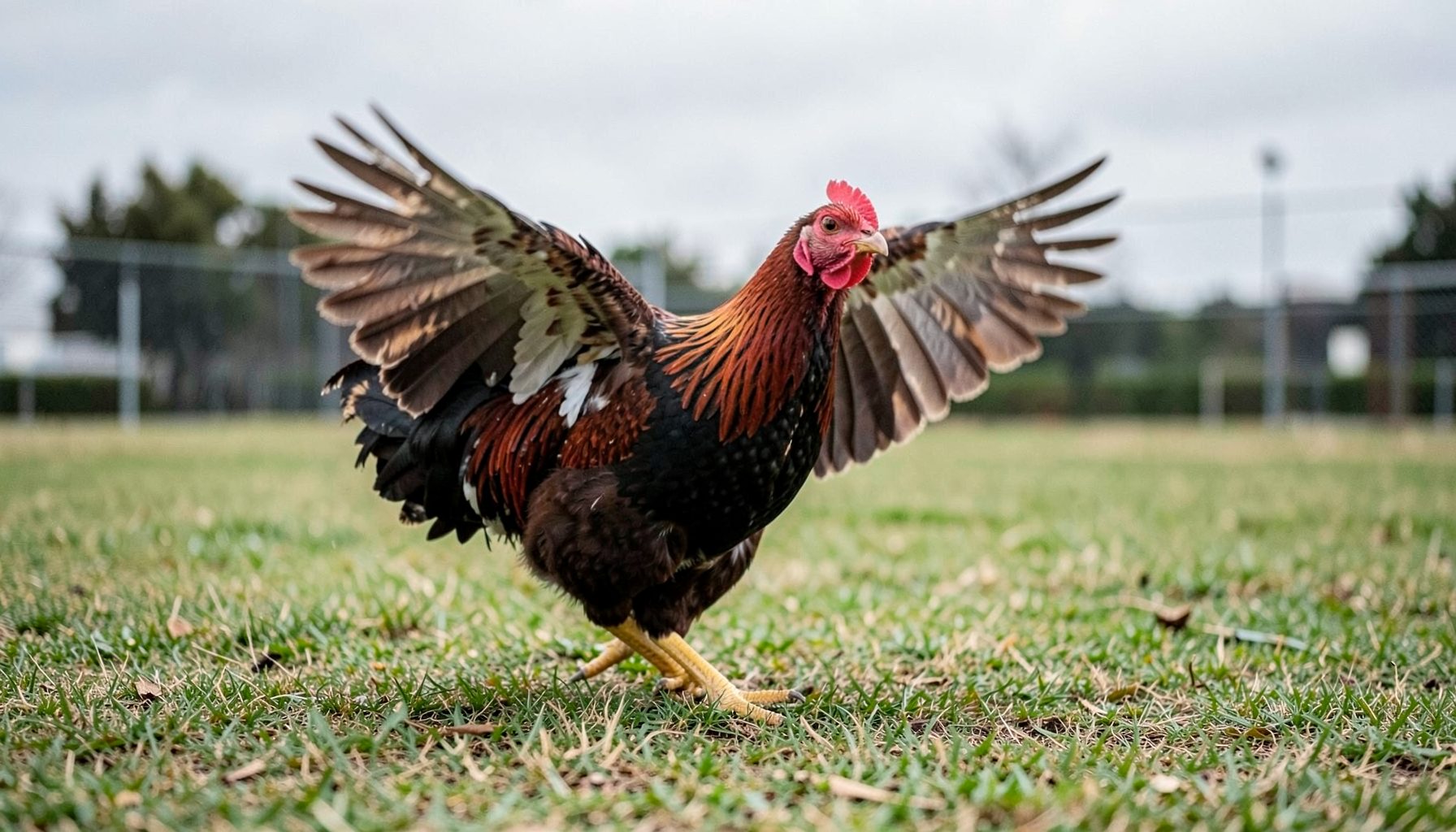 A gamefowl mid-stride on a grassy training yard, wings slightly spread, conveying motion and strength under overcast morning light