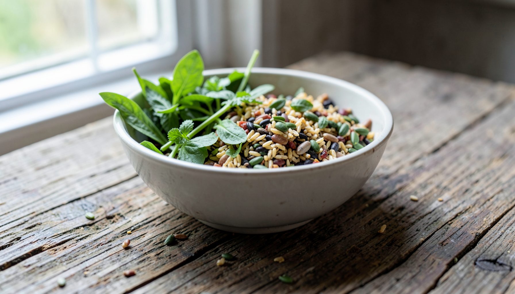 A shallow bowl of mixed grains, seeds, and fresh greens on a weathered wooden table, with soft natural light from a nearby window