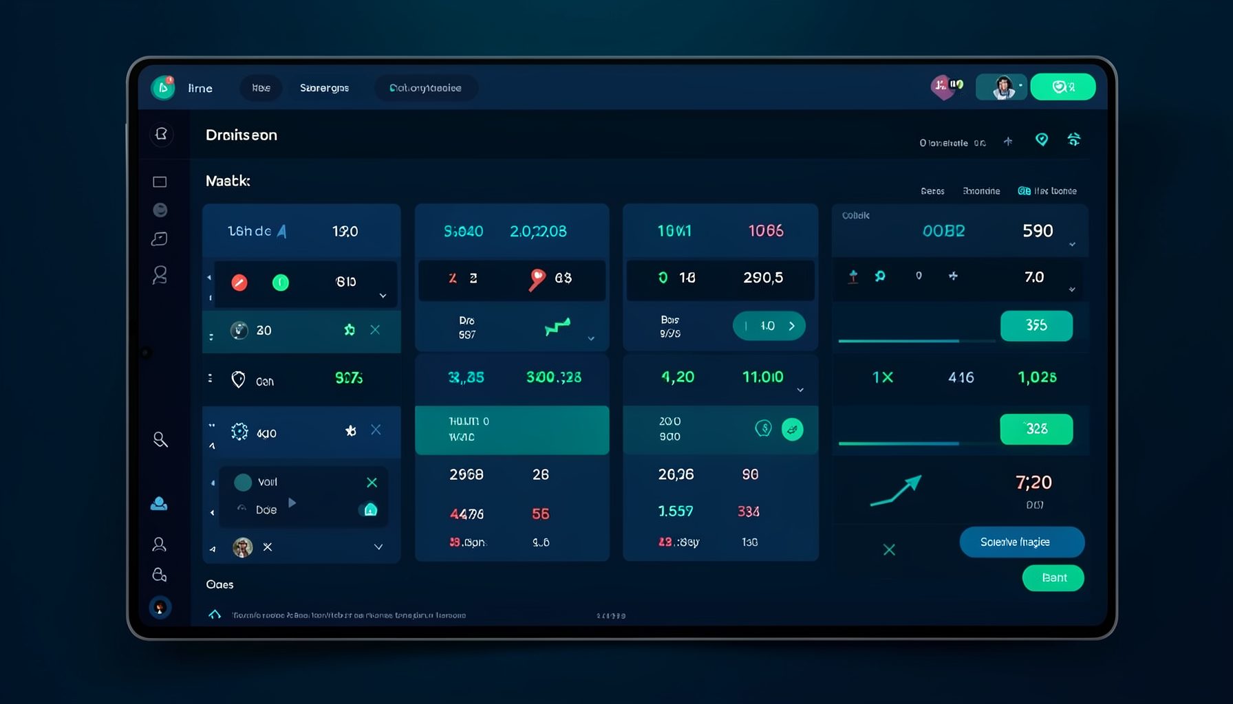 A sleek digital sports dashboard with deep navy and teal tones, glowing match statistics and odds panels, conveying a modern online betting atmosphere