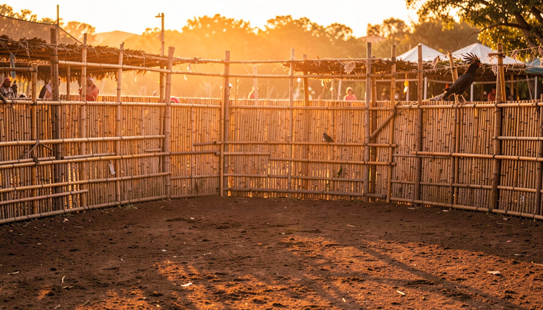 A traditional cockfighting arena at golden hour with warm amber tones, bamboo fencing, and packed-earth ground
