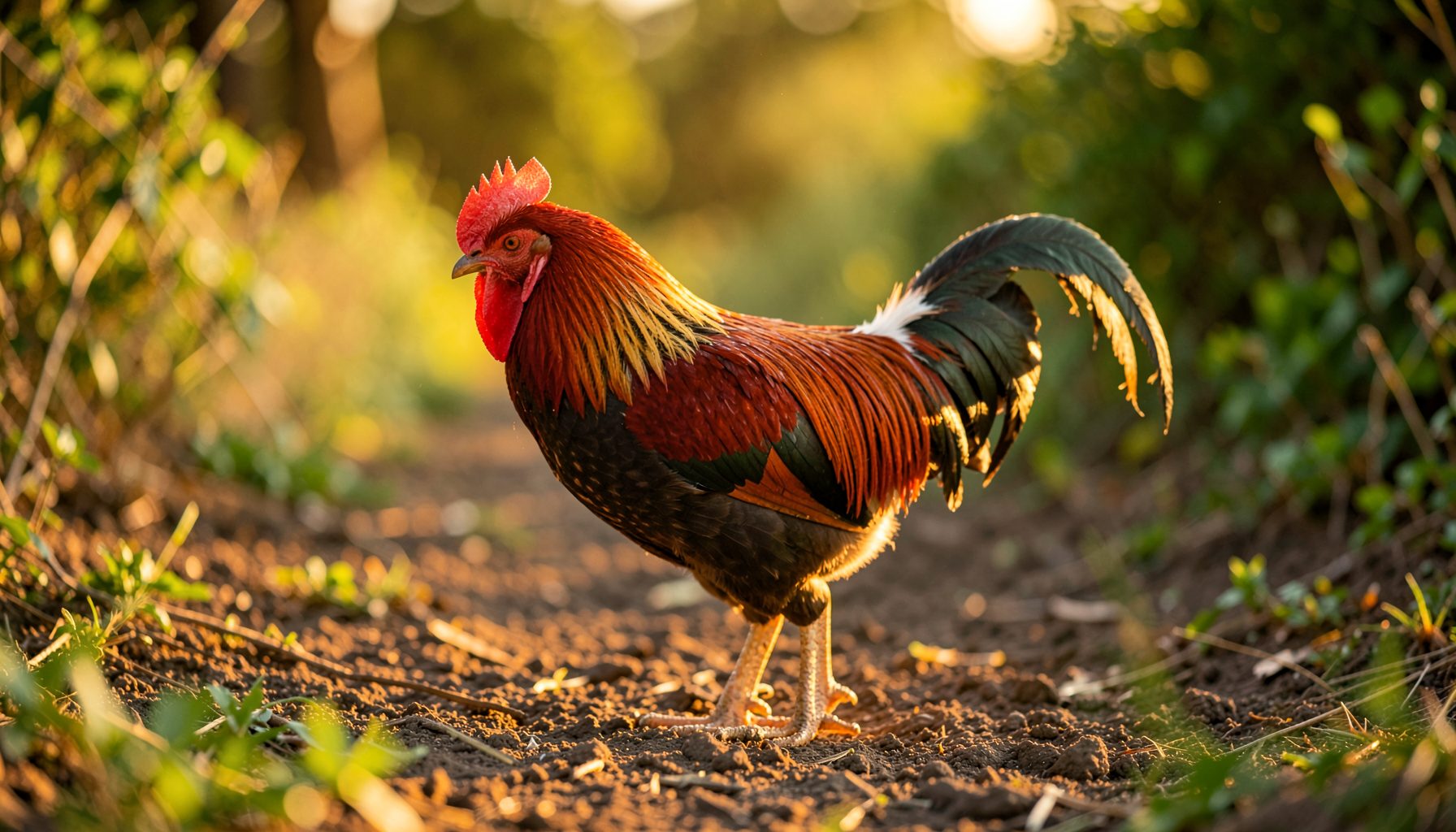 A warm-toned rural scene at golden hour showing a traditional fighting cock with rich red and brown plumage standing on packed earth