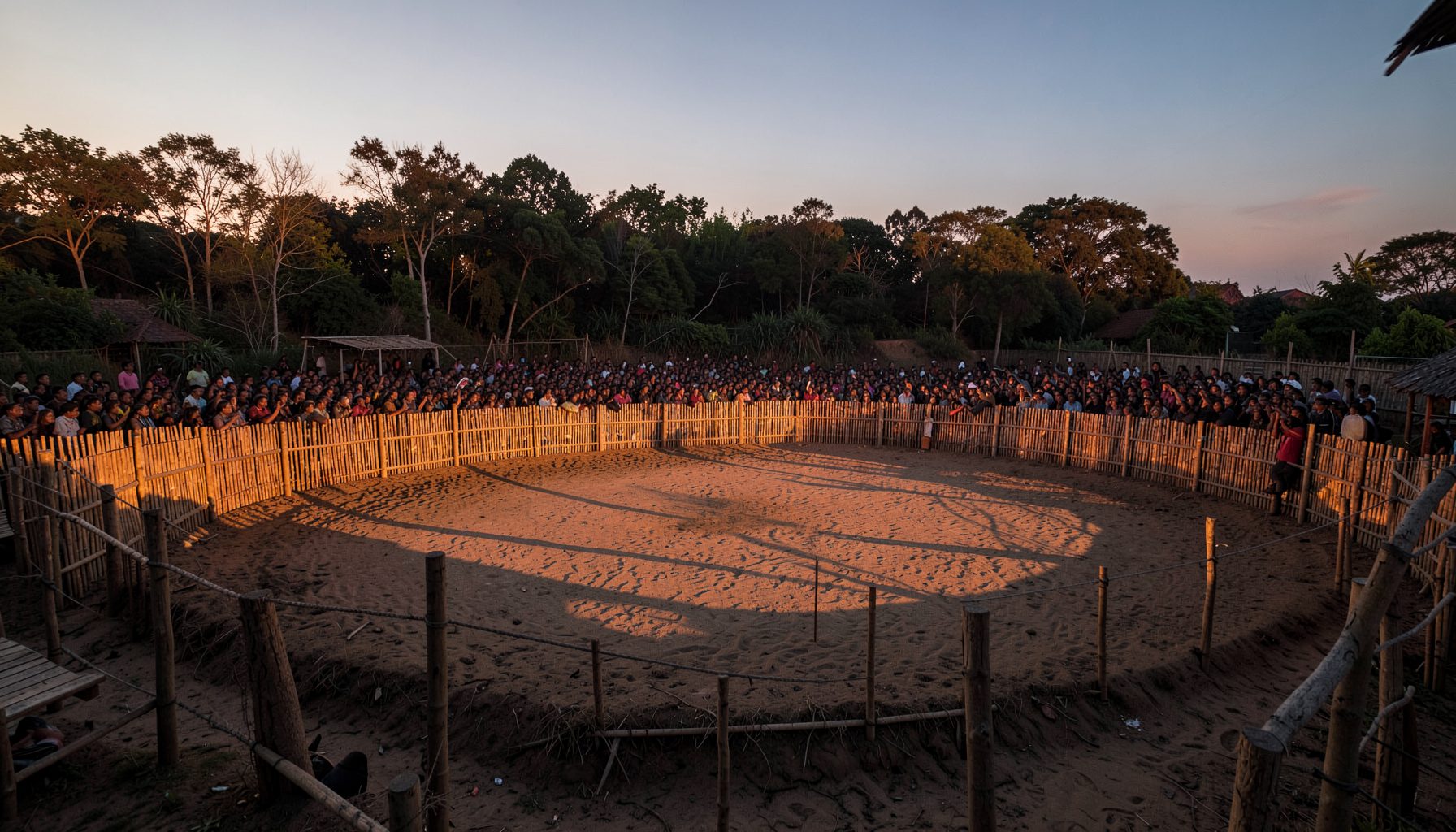 A wide view of a traditional outdoor cockpit at dusk, with a packed-earth arena ringed by bamboo fencing, warm amber light