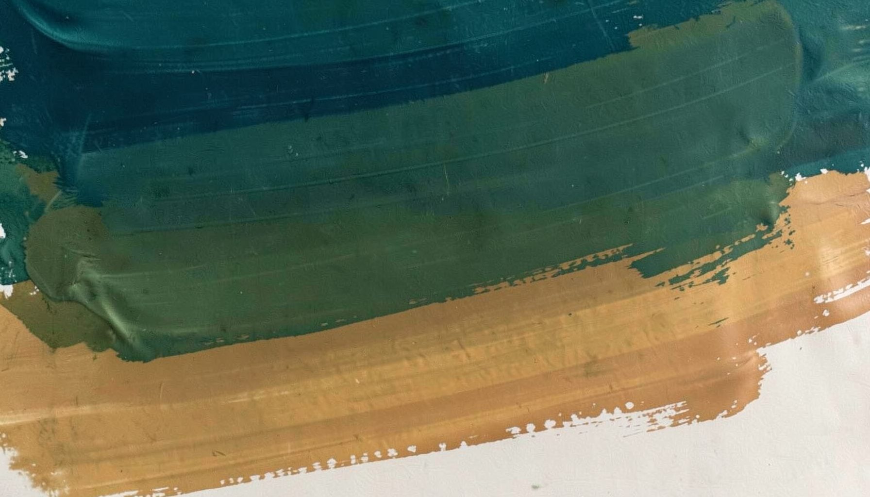 Abstract composition of layered brushstrokes in deep teal, olive green, and warm ochre, evoking a contemplative legal and editorial mood
