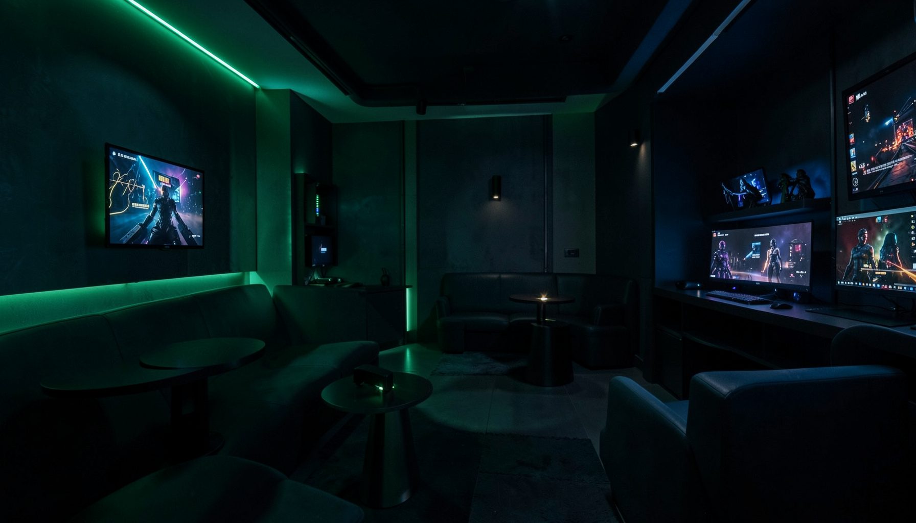Dark atmospheric gaming lounge with deep green and navy tones, soft ambient neon glow, and a sleek modern interior