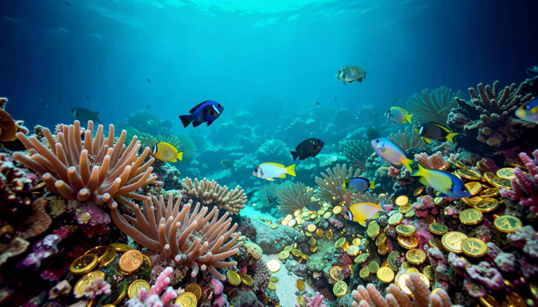 Vibrant coral reef scene with colorful tropical fish swimming among sea anemones, golden coins glinting on the ocean floor