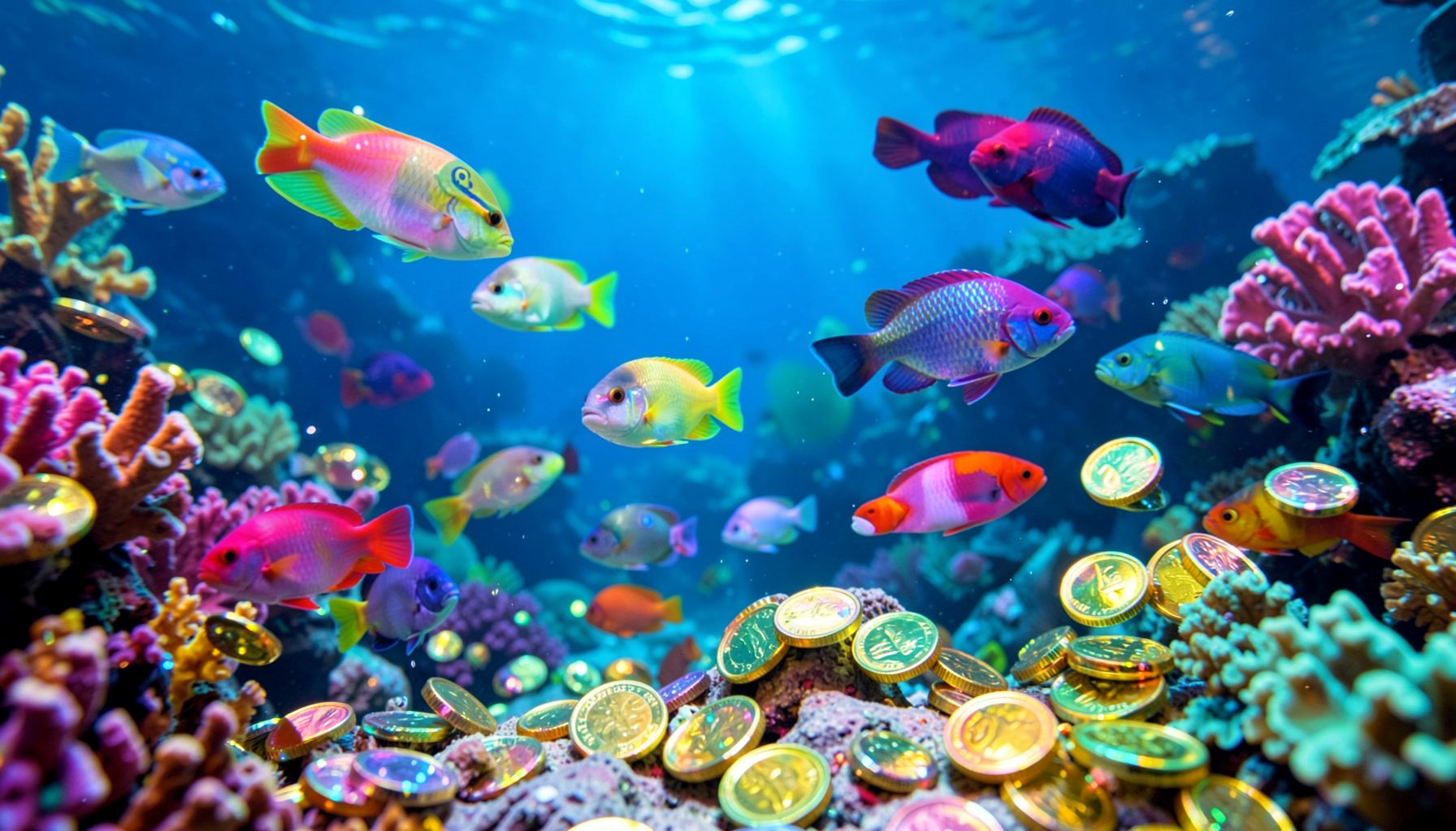Vibrant underwater scene with colorful fish and shimmering coins, evoking the excitement of fish shooting games